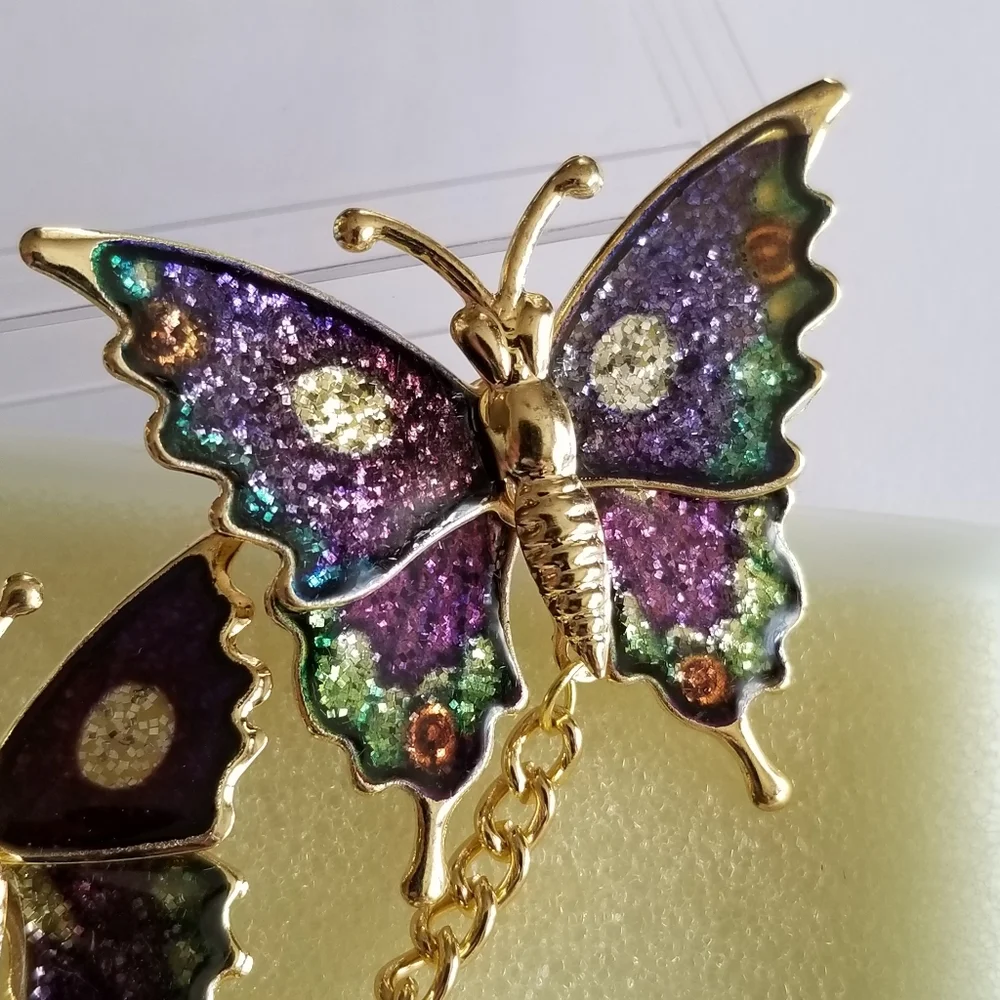Vintage glitter butterfly brooch set New old stock Gold tone insect bug …